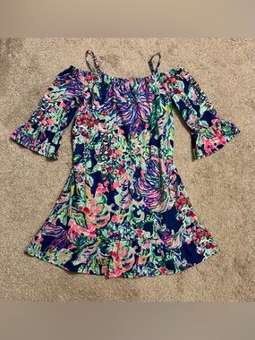 Girls Lilly Pulitzer Navy Multicolor Off-Shoulder Dress Size XL 12-14